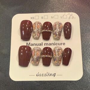 Dazzling short coffin shape Burgundy and Silver /Gold Press-On Nails